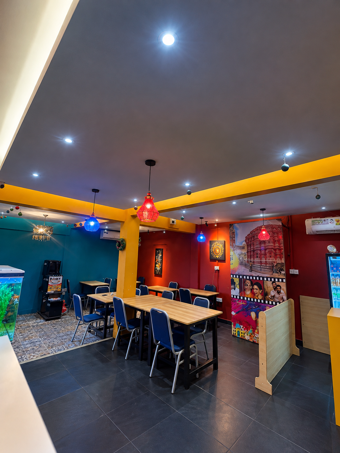 The dining room at Chilli Ji with colourful lanterns